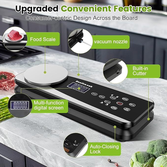 Vacuum Sealer Machine for Food,85kpa Automatic 10-in-1 Food Sealer Vacuum Sealing for Dry&Moist Saver, Food Storage Vacuum Machine with Scale,Cutter,Air Suction Hose,Pulse Function,10 Vacuum Bags