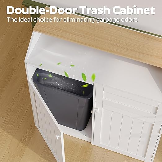 YATINEY Double Trash Cabinet, 20 Gallon Freestanding Trash Can Cabinet, Wooden Recycling with Flip Door, Hidden Kitchen Garbage Can, Laundry, for Kitchen, Living Room, White WB12WT
