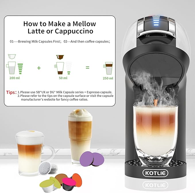 KOTLIE Single Cup Coffee Maker, Multi Capsule Machine Compatible With Various Capsule Types, 4 Temperature Settings, 7 Water Volume Levels,19 Bar(Glossy White)