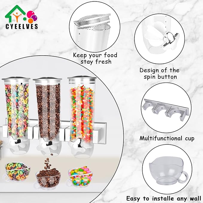 Food Dispenser Wall Mounted Grain Dispenser, Cereal Dispenser with Cup, Dry Food Dispenser Wall Mounted Triple Cereal Dispenser, Candy Dispenser Grain Dispenser for Kitchen Store Nut Coffee Beans 4.5L