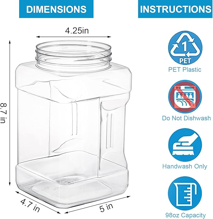 Lawei 3 Pack Square Clear Plastic Jars, 98 Oz Wide Mouth Storage Containers with Screw-On Lids, Refillable BPA Free Empty PET Jars for Dry Goods Peanut Cookies Candy, Easy Grip Airtight Storage Jar