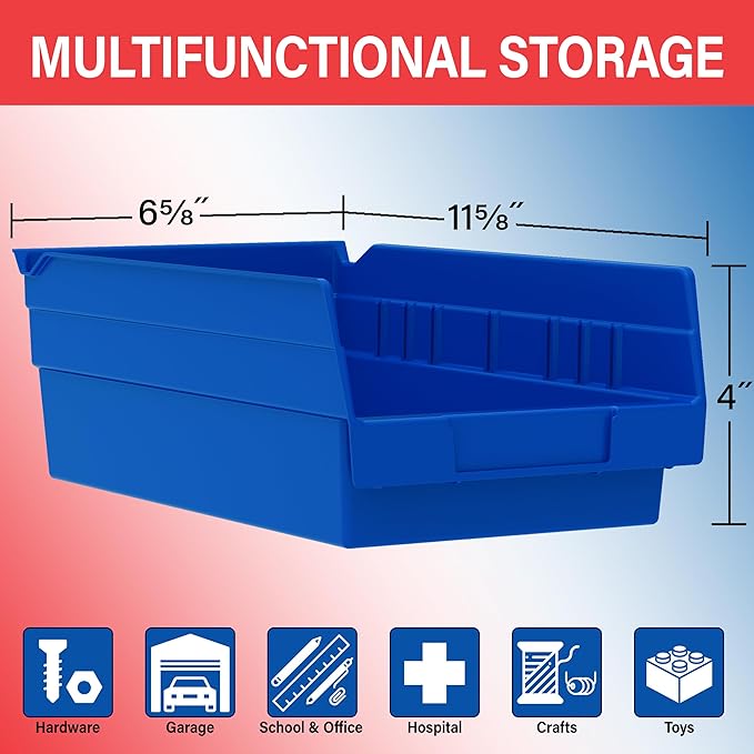 Akro-Mils 30130 Plastic Shelf Bins, Heavy Duty Storage Bins for Garage, Closet, and Drawer Organization, 12" x 6-1/2" x 4", Blue, 12-Pack