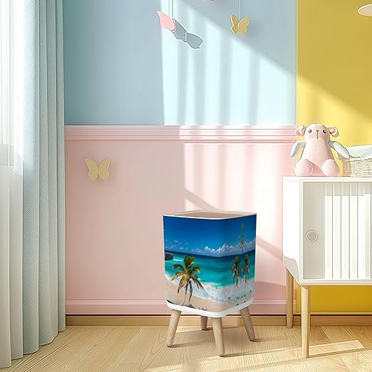 Small Trash Can with Lid Drone Photo Bottom Bay Barbados Wastebasket with Press Cover Dog Proof Garbage Can Waste Bin for Kitchen Bathroom Nursery 2.6 Gallon