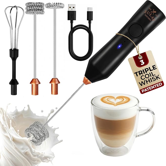 Zulay Kitchen Rechargeable Milk Frother - Dynamic - 3 Speeds, 3 Whisk Attachments, 500 mAh USB Charging, Drink Mixer For Latte, Cappuccino, Matcha, Protein Powder, Coffee Foam - Black Copper