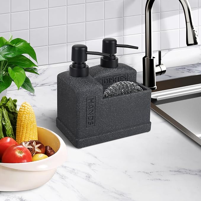 Kitchen Hand Soap and Dish Soap Dispenser Set,Dual Soap Dispenser with Sponge Holder 3-in-1 Organizer for Kitchen Sink,Bathroom,Useful Kitchen Gadgets - Black