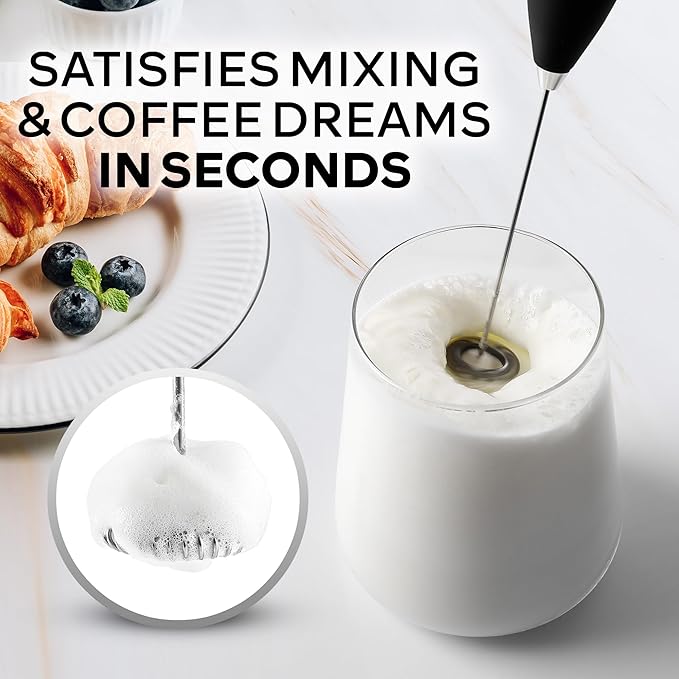Zulay Kitchen Powerful Milk Frother Wand With 4 AA Duracell Batteries - Ultra Fast Handheld Drink Mixer - Electric Whisk Foam Maker for Coffee, Lattes, Cappuccino, Matcha & Creamer - Metallic Black