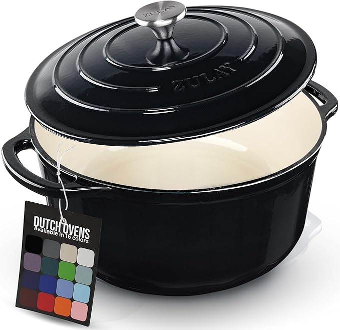 Zulay Kitchen 7.7 Quart Enameled Cast Iron Dutch Oven Pot with Lid – Premium Durability & Oven Safe up to 500°F – Heavy Duty Cookware Perfect for Bread Baking, Stews, Braising & Roasting – Black