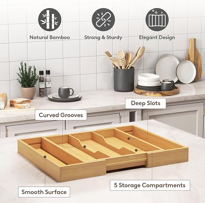 Lifewit Silverware Drawer Organizer Tray, Bamboo Cutlery Silverware Flatware Holder,Flatware and Utensil Holder Divider for Spoons Forks Knives Tableware