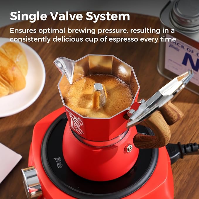 Bincoo Classic Italian Coffee Maker, Moka Pot 6 Cups, Espresso Maker Stovetop Espresso Moka Pot,Single Safety Valve (Red)