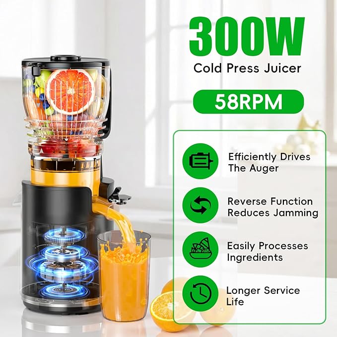 Juicer Machines, Cold Press Juicer with 5.8" Wide Feed Chute, 300W Slow Masticating Juicer for Whole Fruits & Vegetables, High Juice Yield, Easy to Clean, BPA Free Juice Extractor Machine