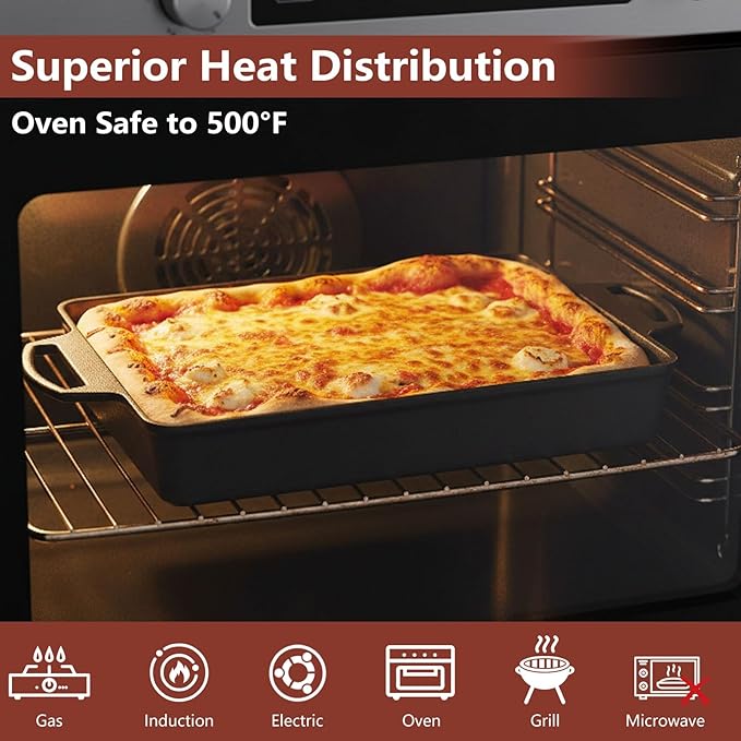 KEESHA 9x13 Inch Cast Iron Detroit Pizza Pan, Pre-Seasoned 4.8 Quart Deep Baking Dish for Casserole, Focaccia, Lasagna, Sicilian Bread, Oven & Grill Safe