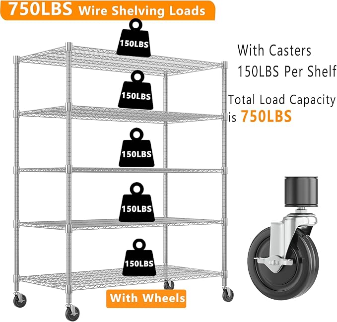 Himimi 5 Tier Wire Shelving with Wheels Heavy Duty Height Adjustable Metal Shelves for Storage, Commercial Grade Steel Utility Wire Rack for Kitchen Garage Pantry Organization-24×48×82, Silver