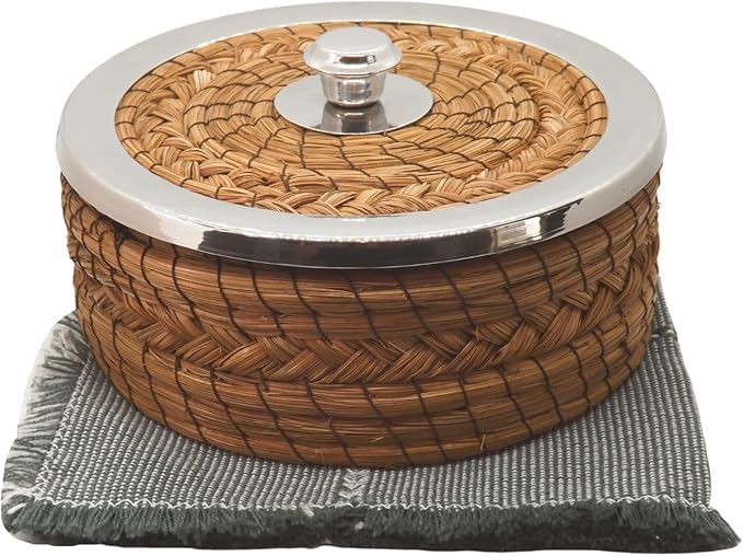 Authentic Mexican Tortilla Warmer Basket - Pine Needle Handwoven with Handloomed Cloth (8" metal Rim w cloth)