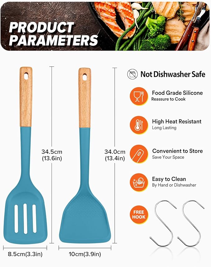 Silicone Wok Spatula Turner Set, Perfect for Scooping, Flipping, Lifting Pancakes and Picking up Veggies, BPA-Free Matte Silicone, Wooden Handles, Safe for Nonstick Cooking Surfaces (Blue)
