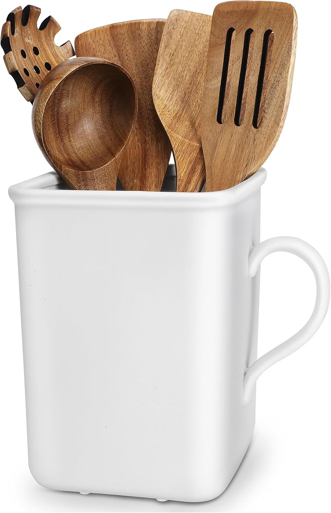 2026 Upgraded Vintage Kitchen Utensil Holder - Ceramic Utensil Crock Large Capacity Anti-tip, Modern Countertop Organizer for Farmhouse/Rustic/Contemporary Kitchen Decor(Matte White)