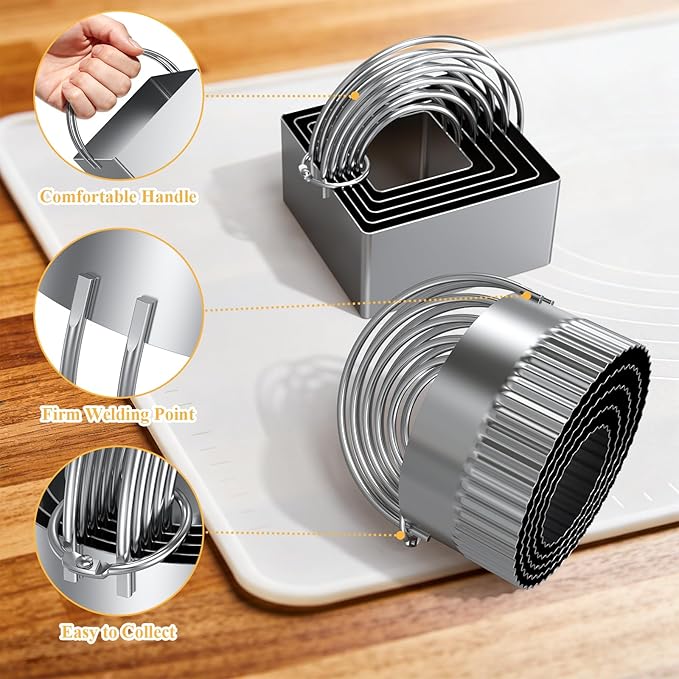 Biscuit Cutter Set of 10 pcs, Square and Fluted Cookie Cutter Set with Handle, Stainless Steel Round Biscuit Cutters, Professional Baking Dough Tools