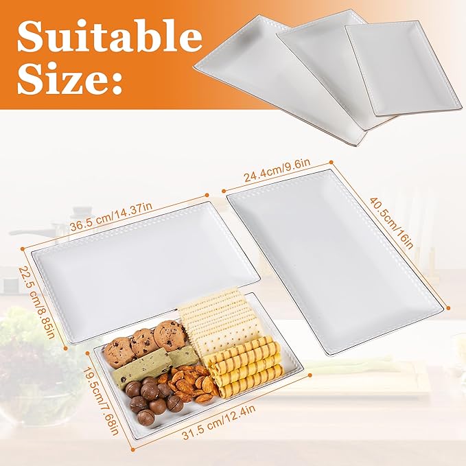 Kassel Ceramic Serving Platter Set | 16”/14”/12” Rectangular Serving Trays for Entertaining at Parties and Weddings | Oven Safe Extra Large Serving Trays for Tacos, Steak, and Cake