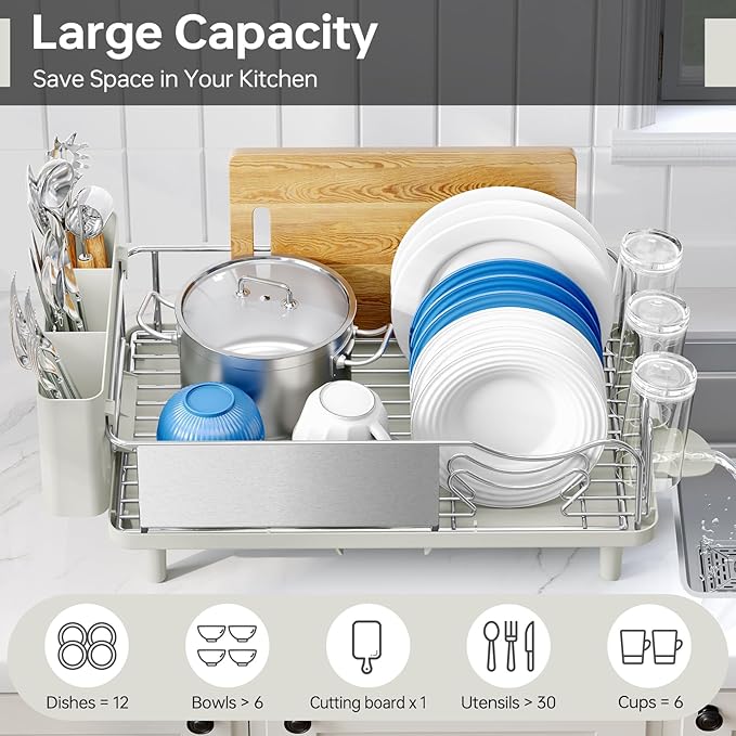 Stainless Steel Dish Drying Rack - Large Capcity 304 Grade Dish Drainer for Kitchen Counter with Drain Board, Utensil Holder & Detachable Cup Shelf, Rustproof Multifunctional Organizer, Light Green
