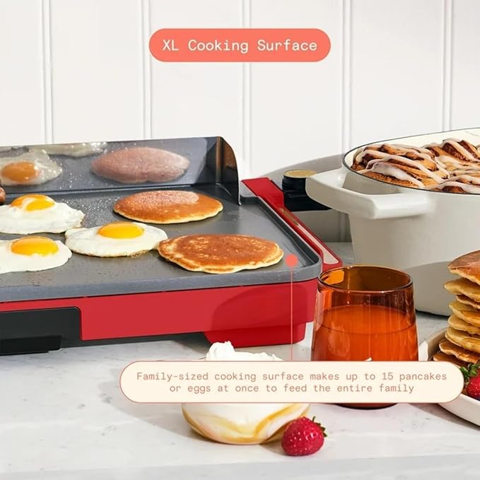 Electric Griddle 12x22 Inch with Backsplash, Nonstick Cooking Surface, Adjustable Temperature Control (Tomato Red)