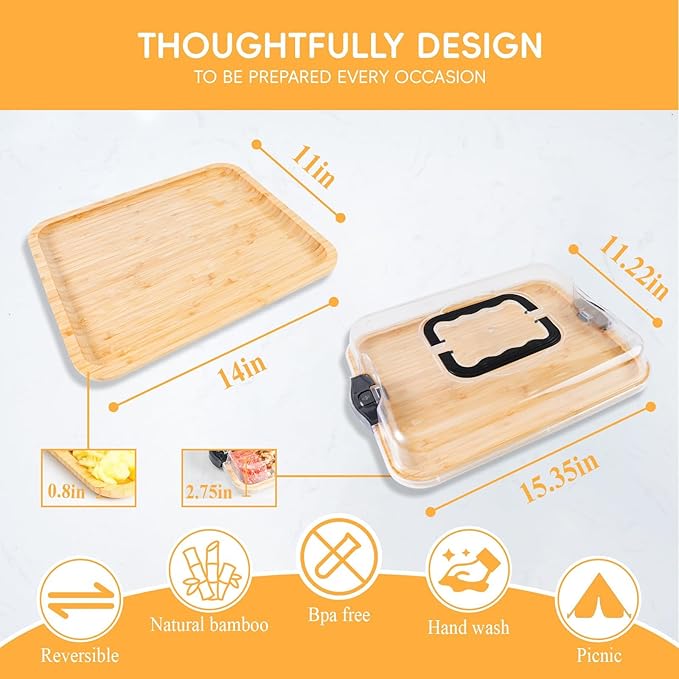 Bamboo Charcuterie Board 1-Compartment with Locking Lid, Ergonomic Handle & Knives Set - Portable Food/Cheese Serving Tray, Reversible Cutting Board for Picnic, Party & Gatherings (Pack of 12)