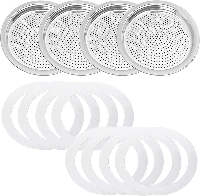 1 Set BIA640310 Espresso Machine Replacement Parts, Compatible with Bialetti Moka Express Dama 9-Cup, Includes 8 Silicone Sealing Rings And 4 Stainless Steel Filter Plates, Durable And Easy To Clean