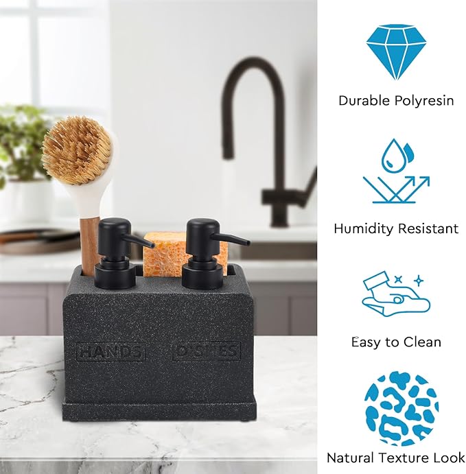 Kitchen Soap Dispenser Set,Hand and Dish Soap Dispenser,Sponge Caddy and Brush Holder 4-in-1 Kitchen Dual Soap Dispenser Set for Kitchen Sink,Bathroom -Black