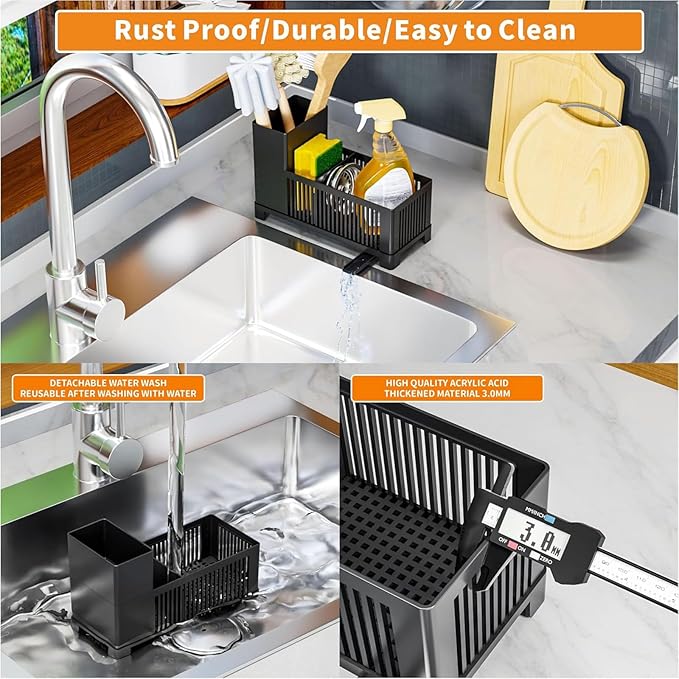 Sink Caddy & Kitchen Sink Organizer,Black Sponge Holder with High Scrub Brush Holder,Plastic Kitchen Countertop Organizer,Multifunctional Sponge Drain Rack,Dish Soap,Dish Sponge Holder,Soap Dispenser