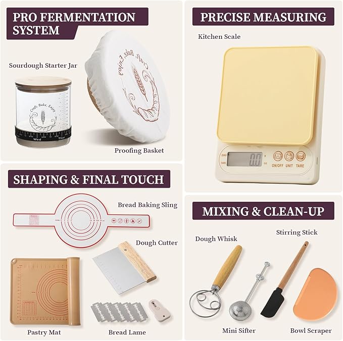 Emojoy Sourdough Starter Kit, Sourdough Bread Baking Supplies with 9" Round Bread Proofing Basket, Large Capacity Sourdough Starter Jar, Food-Grade Silicone Pastry Mat, Kitchen Scale