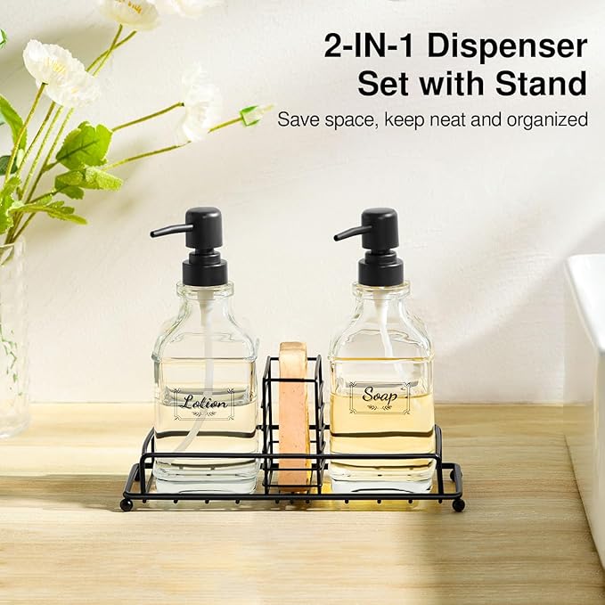 Shinowa Kitchen Soap Dispenser Set, Hand and Dish Soap Dispenser with Tray, 2-Pack Thick Glass Dish Dispenser for Kitchen & Bathroom, Soap and Lotion Dispenser Set Kit with Pump