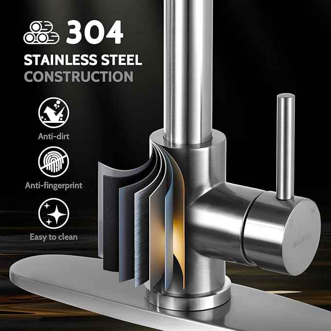 WEWE Kitchen Faucets, Brushed Nickel Kitchen Faucet with Pull Down Sprayer Spring Single Handle Stainless Steel Kitchen Sink Faucet with LED Light Deck Plate for Laundry Rv