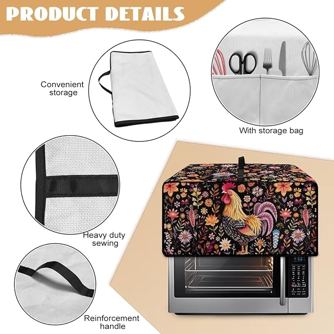 Microwave Oven Cover Air Fryer Toaster Oven Dust Cover with Accessory Pockets, Stain-resistant Small Electric Appliance Protector for Kitchen, L, Rooster Chicken Floral Black