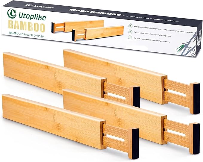 Utoplike Small Bamboo Kitchen Drawer Dividers(Fits 15"-17.7" Drawer Inner Size), 4 PCS Adjustable Drawer Organizers for Socks, Spring Loaded, Works in Drawer for Bedroom, Dresser | Adjustable, Drawer Organizers, for Socks, Spring Loaded, Works in Drawer