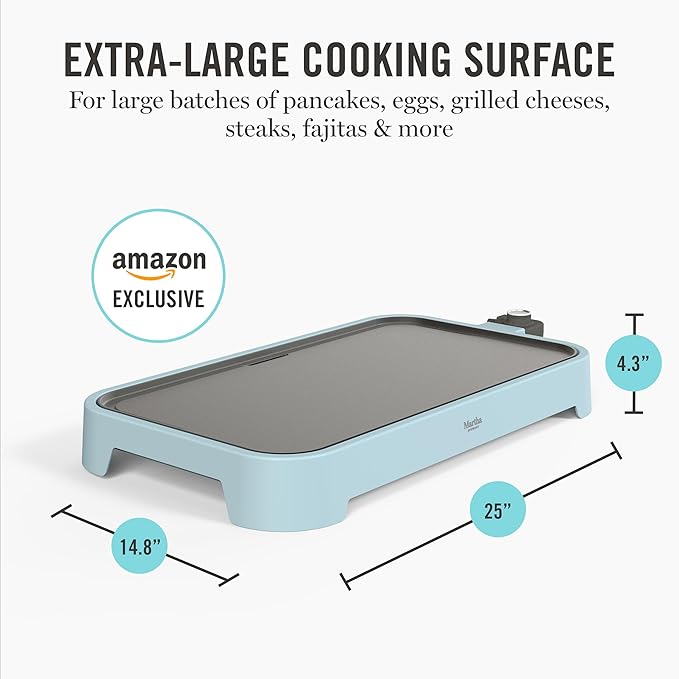 Martha Stewart 12” x 22” Electric Griddle, XL Ceramic Nonstick Flat Top Cooking Surface, Adjustable Temperature Dial, Drip Tray, Dishwasher Safe, 1500W Fast Even Heating, Pancakes & Eggs, Sky Blue
