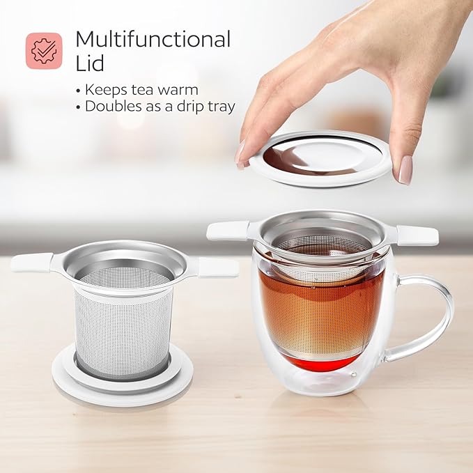 Stainless Steel Tea Infuser for Loose Leaf Tea – Extra Fine Mesh Strainer with Heat Proof Double Handles & Lid, Reusable Filter Fits Mugs, Cups & Teapots, White