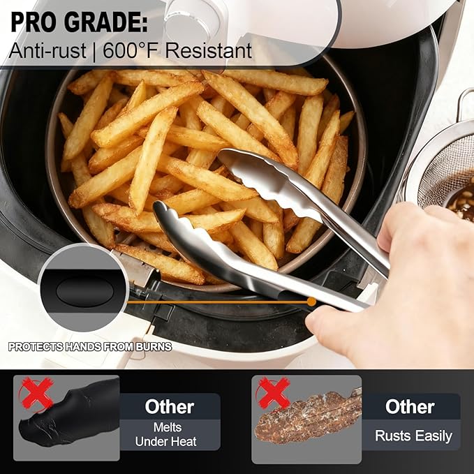Small Cooking Tong Set of 3 - Mini 7 Inch Stainless Steel Locking Tongs, Heat Resistant to 600°F, Food Grade Kitchen Metal Tong for Food, Salad, Pasta, Steaks, Vegetables - Dishwasher Safe