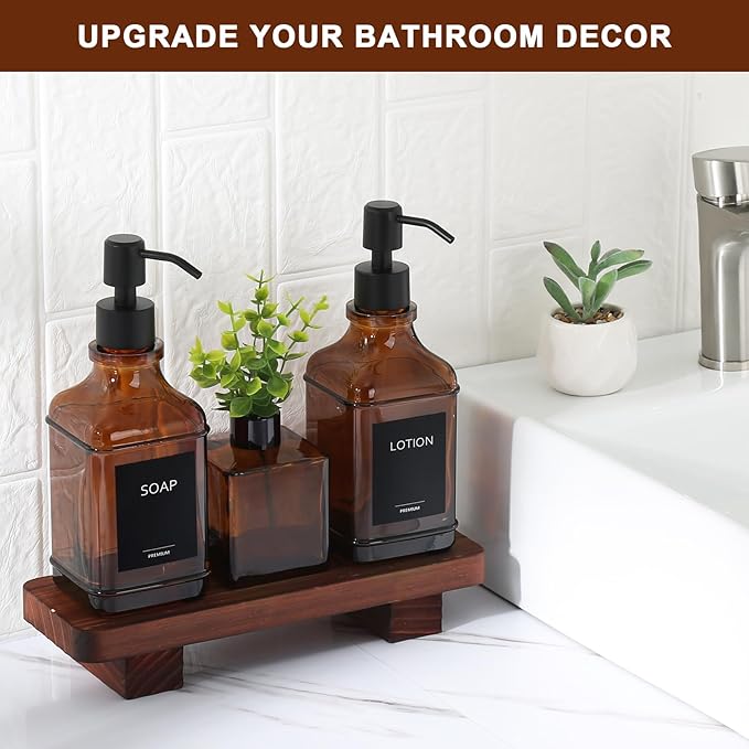 Modern Kitchen Soap Dispenser Set with Wood Tray, Amber Glass Soap Dispensers with Pump, Decorative Hand and Dish Soap Dispenser Set, Soap and Lotion Dispenser Upgrade for Kitchen and Bathroom Decor