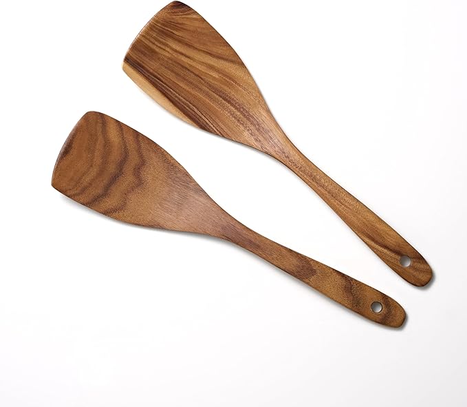 2 Pcs Wooden Spatula for Cooking Flat Wooden Spatula Set 12.5 inch Teak Spatula Set Flat Spatula for Non Stick Frying Pan Wood Cooking Utensils Set Wood Kitchen Utensils Set for Cooking