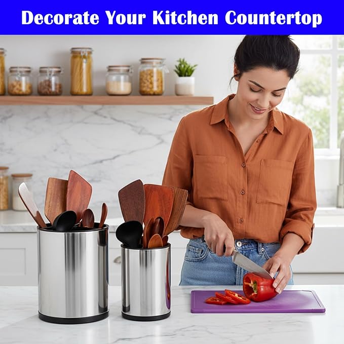 2 Pcs Kitchen Utensil Holder Set, 360° Rotating Stainless Steel Large Cooking Utensil Holder for Kitchen Counter with Removable Base, 3 Compartment Flatware Caddy for Knife Spoon Fork Spatula Tools