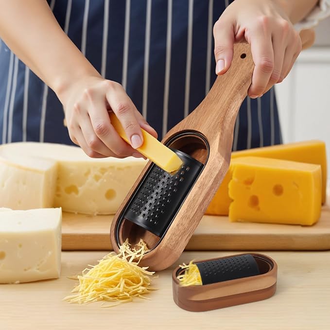 Box Cheese Grater With Container Stainless Steel Parmesan Cheese Grater With Wood Handle Shredder Zester Grater Box Kitchen Handheld Cheese Spoon Grater-Black Colour (With Handle)