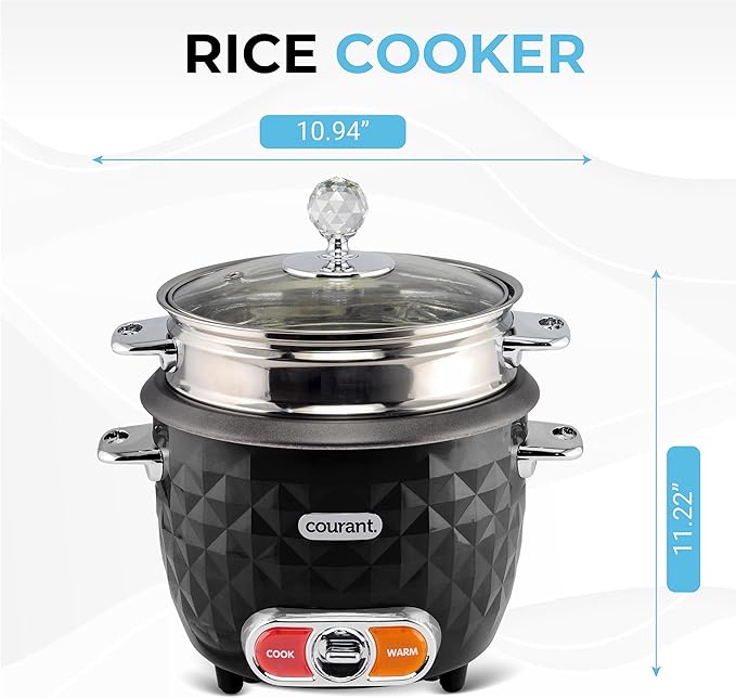 Courant 10-Cup (Cooked) / 5-Cup Uncooked Rice Cooker and Steamer with One-Touch Operation, Automatic Keep Warm Function, and Chrome Accents, Black