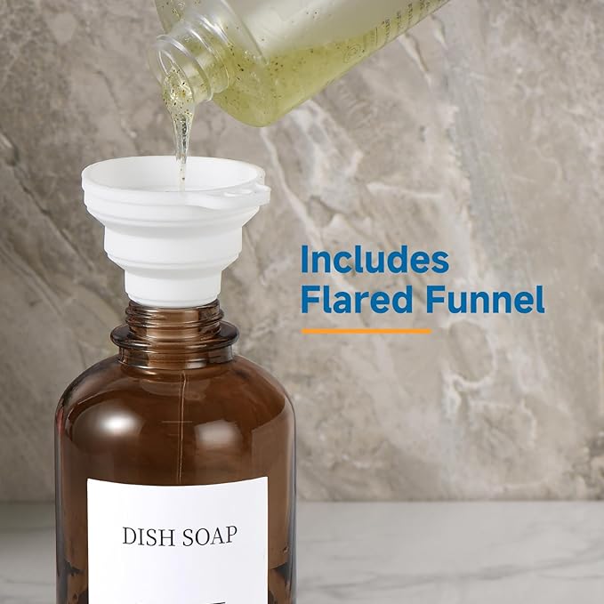 Glass Soap Dispenser with Pump, Dish and Hand Soap Dispenser for Kitchen Bathroom Set, Clear Glass Dispenser Set of 2 Pack with 18 Stickers Funnel Bamboo Tray 500ml 18oz Amber