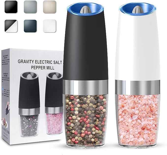 Gravity Electric Salt and Pepper Grinder set of 2, Automatic Salt And Pepper Grinder Set, Adjustable Roughness, Battery Powered, LED Light, 2 Pack, (Black&White)