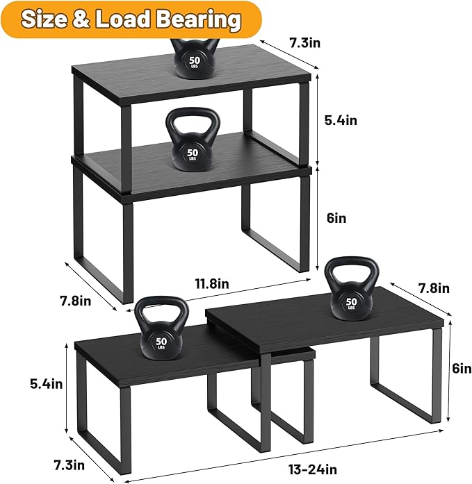 Kitchen Cabinet Organizer Shelf Set of 4, Sturdy Kitchen Counter Shelves with Metal Legs, Stackable Expandable Wood Spice Rack Pantry Cupboard Dish Mug Cup Storage Organizer Shelf, Black