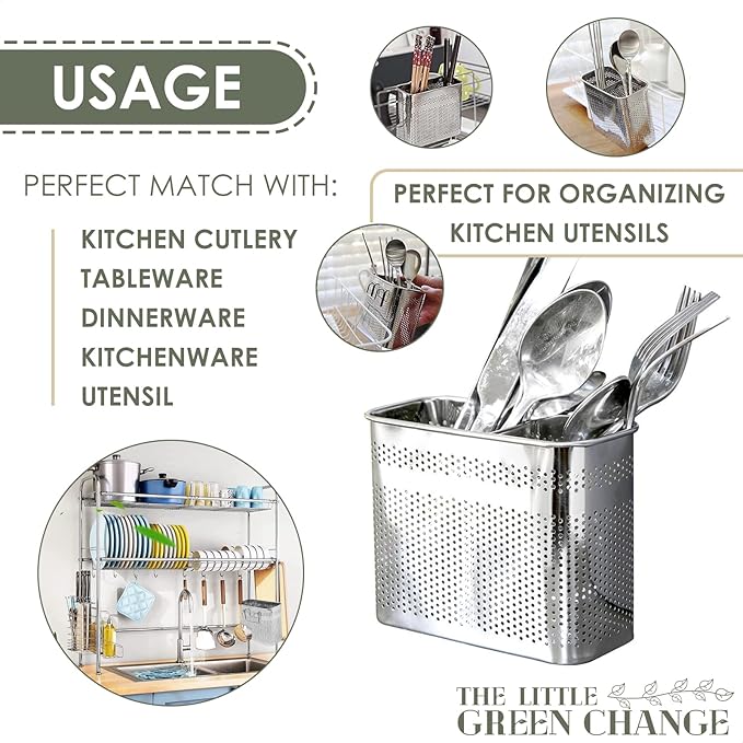 Kitchen Utensils Chopsticks Holder Drying Rack Basket with Hooks 2 Divided Compartments Quality Stainless Steel Large L5.4 X H4.3 X W2.6