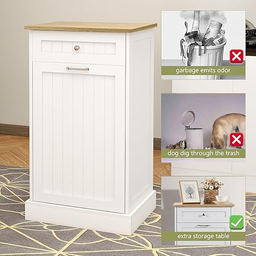 RASOO Tilt Out Trash Cabinet Wooden Freestanding Dog Proof Single Door 10 Gallons with Drawer Trash Can Cabinet