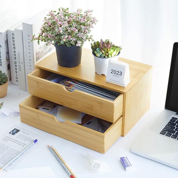 Charmewooden Bamboo Desk Organizer With Drawers Countertop Drawers Counter Storage Box Corner Desk Organizer for Home Office No Assembly Required (2 Drawers)