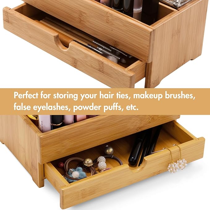 GOBAM Makeup Storage Drawer Organizer Bamboo Wood Cosmetic Display Box, Large Capacity Bathroom Beauty Countertop Organizer, Great for Bathroom Dresser