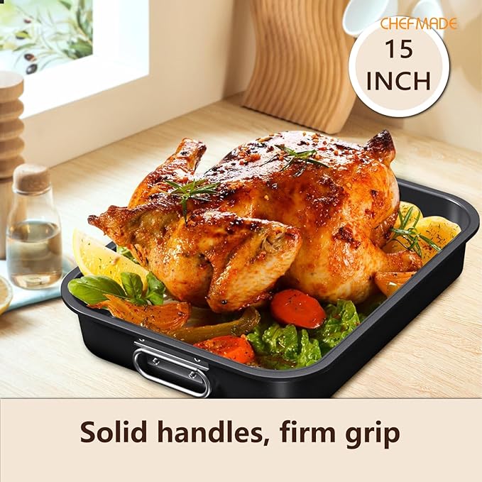 CHEFMADE Roasting Pan with Rack, 15 Inch Deep Roasting Pan, Deep Lasagna Pan for BBQ Vegetbale and Meat 15.4" x 11.2" x 2.3" (Black)