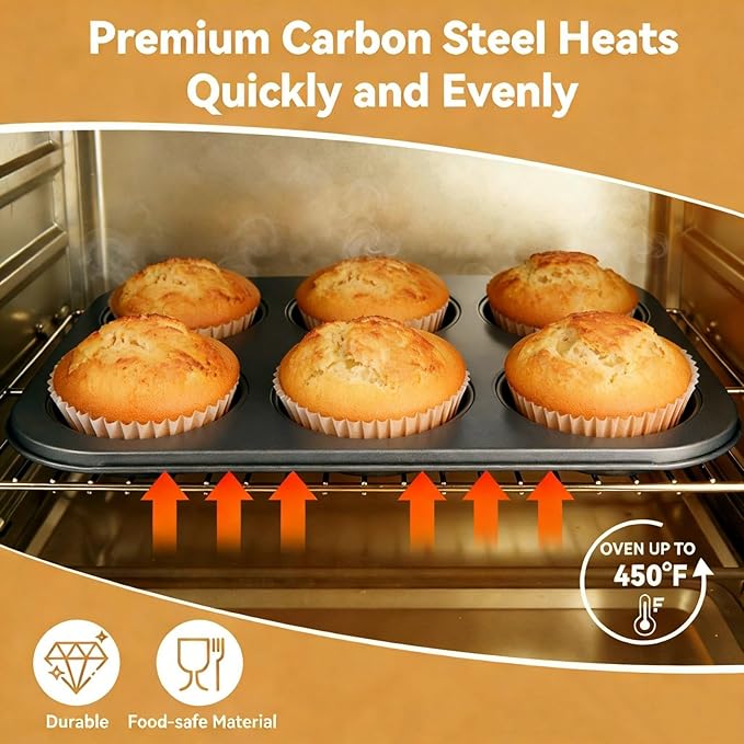 Artcochan 2 Pack Muffin Pan with 50 Cupcake Liners, Extra Large 6 Cup Nonstick Carbon Steel Cupcake Pan,Jumbo Muffin Tin for Baking Supplies
