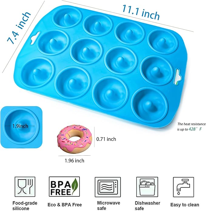 12 hole Silicone Donut Pan, Bite Size Silicone Donut Molds for baking, Mini Donut Mold Heat Resistant, Mini Donut Pan for baking Donuts, Muffin, Cake Biscuit Bagels, Non-stick Bottom, Dishwasher Safe